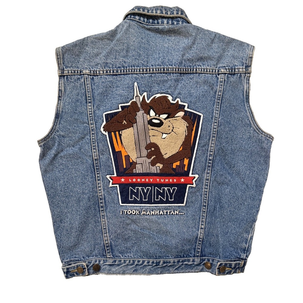 Vintage 90s Looney Tunes Taz Denim Vest Warner Bros NY Manhattan SM Retro WB